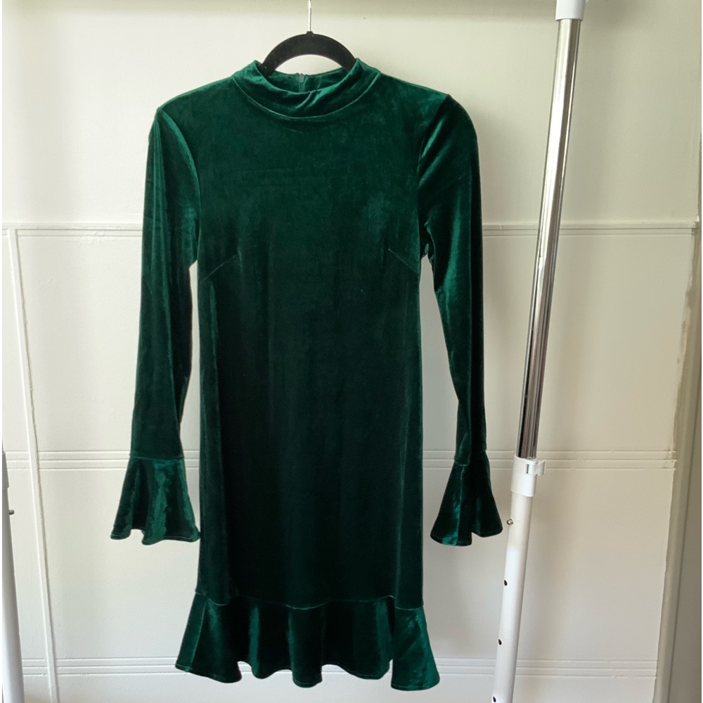 All Is Calm Green Velvet Mock Neck Ruffle Trim Mini Dress